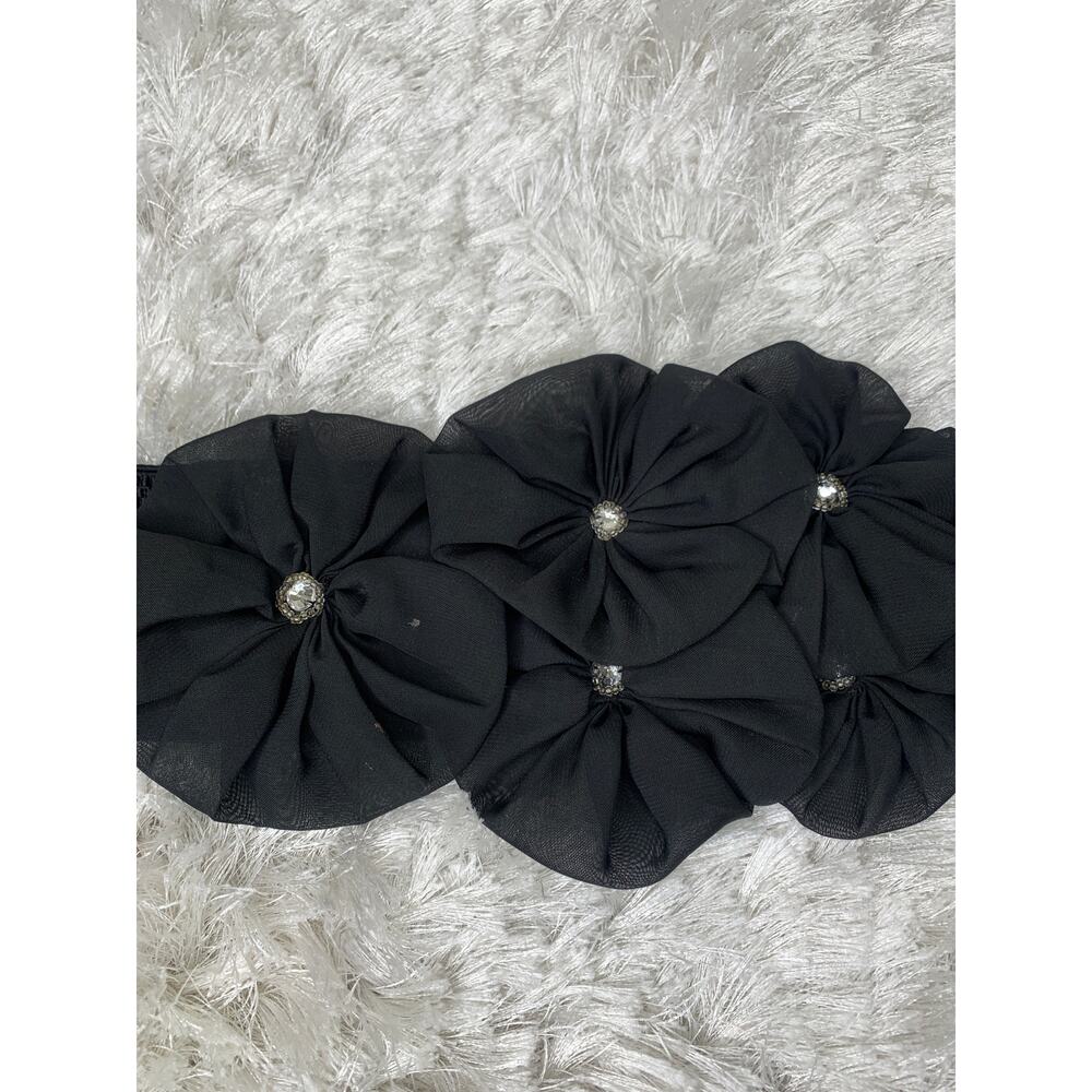 Black 3D Flower Belt Rhinestone Center Stretch Wide Belt Sz Small Medium - Picture 6 of 12